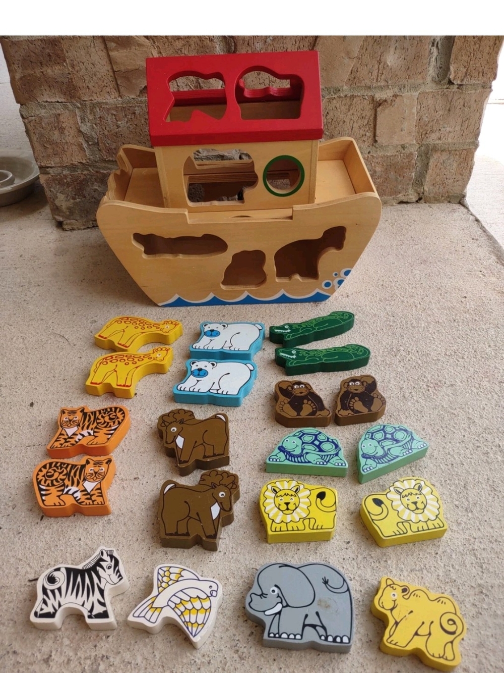 Wooden Animal Shape Sorter Boat Toy - Natural & Red